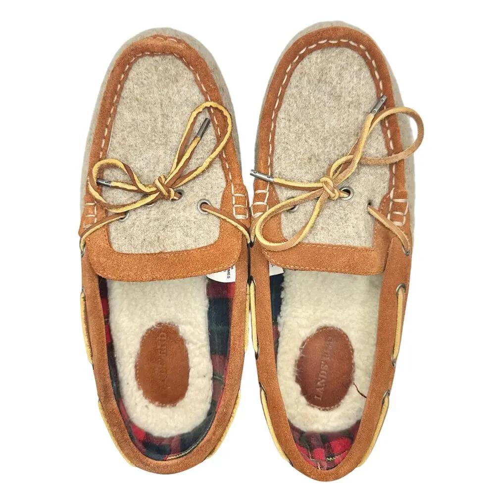 Lands’ End | Men | Wool Felt Suede Leather Brown Cozy Moccasin Slippers | 10 D